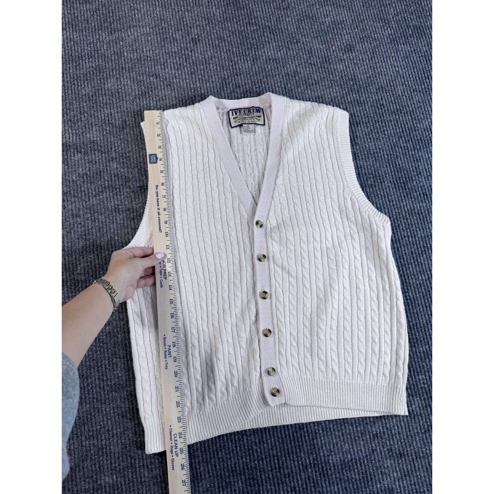Vintage Ivy Crew White Cable-Knit Ramie Cotton Sweater Vest Button V-Neck Size L - Picture 5 of 5